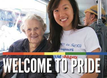 An older white woman and younger Asian woman on a SAGE Pride bus.