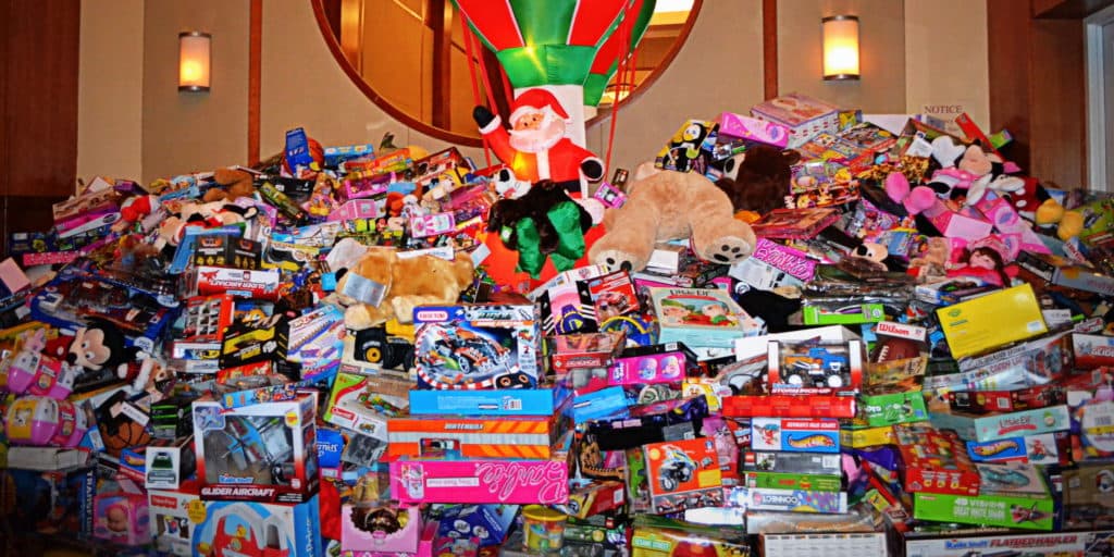 A pile of donated toys from SAGE's Toys Party 2017.