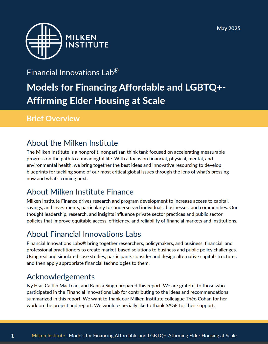 Models for Financing Affordable and LGBTQ+-Affirming Elder Housing at Scale: Brief Overview