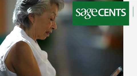 Elderly woman using a tablet with SageCents logo in the background.
