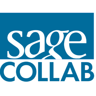 Logo of Sage Collab with stylized white text on a blue background.