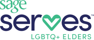SAGE logo with text "serves LGBTQ+ elders" featuring a heart symbol in place of the V.