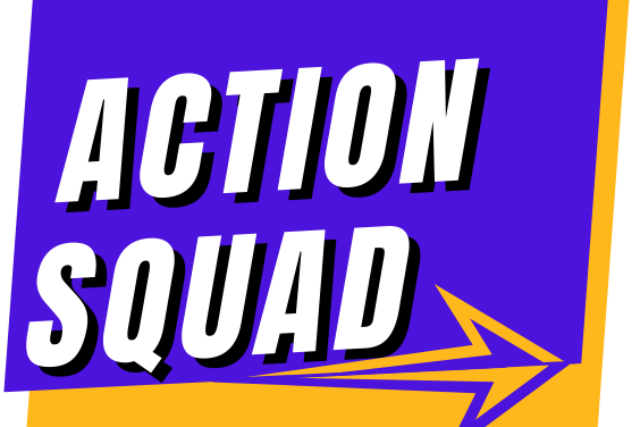 Action Squad text on blue background with yellow arrow design.